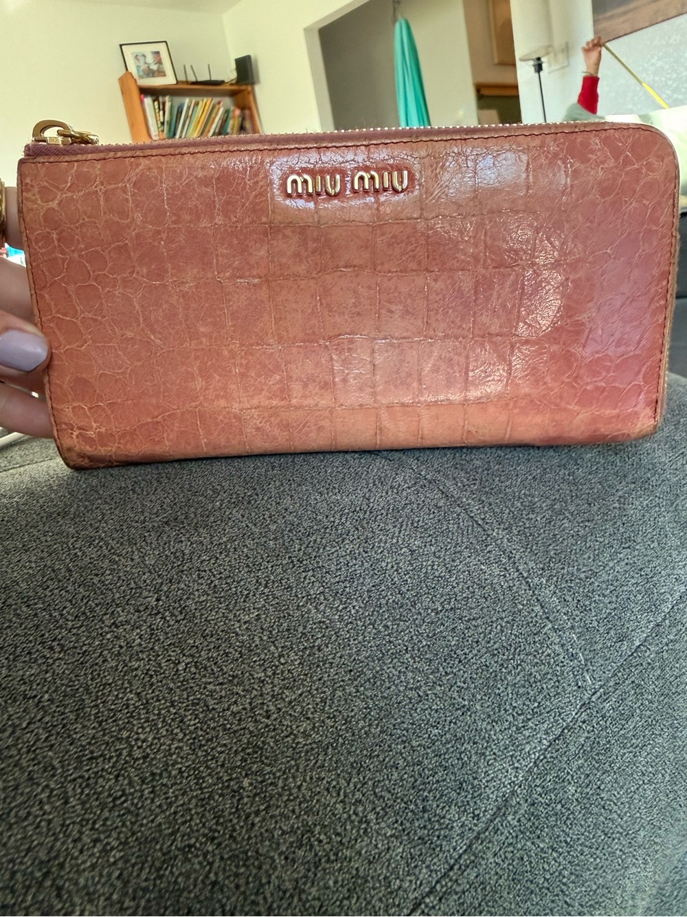 Miu Miu Peach/Coral Croc-Embossed Leather Zip Around Wallet Gold Accents